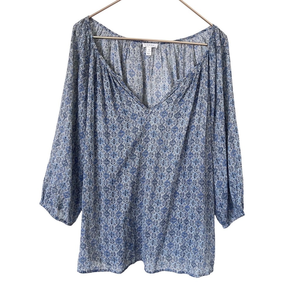 Soft Joie Blue White Medallion Print Cotton V-Neck Blouse 3/4 Sleeve Top Large